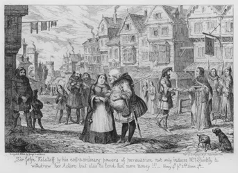 Sir John Falstaff con i suoi straordinari poteri di persuasione non solo induce Mrs Quickly a ritirare la sua azione ma anche a prestargli più soldi!